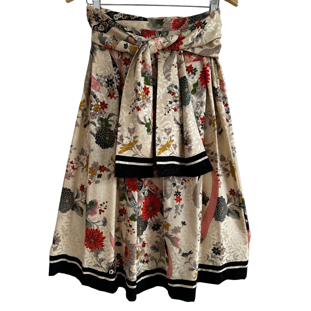 Umi Collections Anne Crimmins Silk Floral Crane Midi Skirt Sash Size 10 Asian